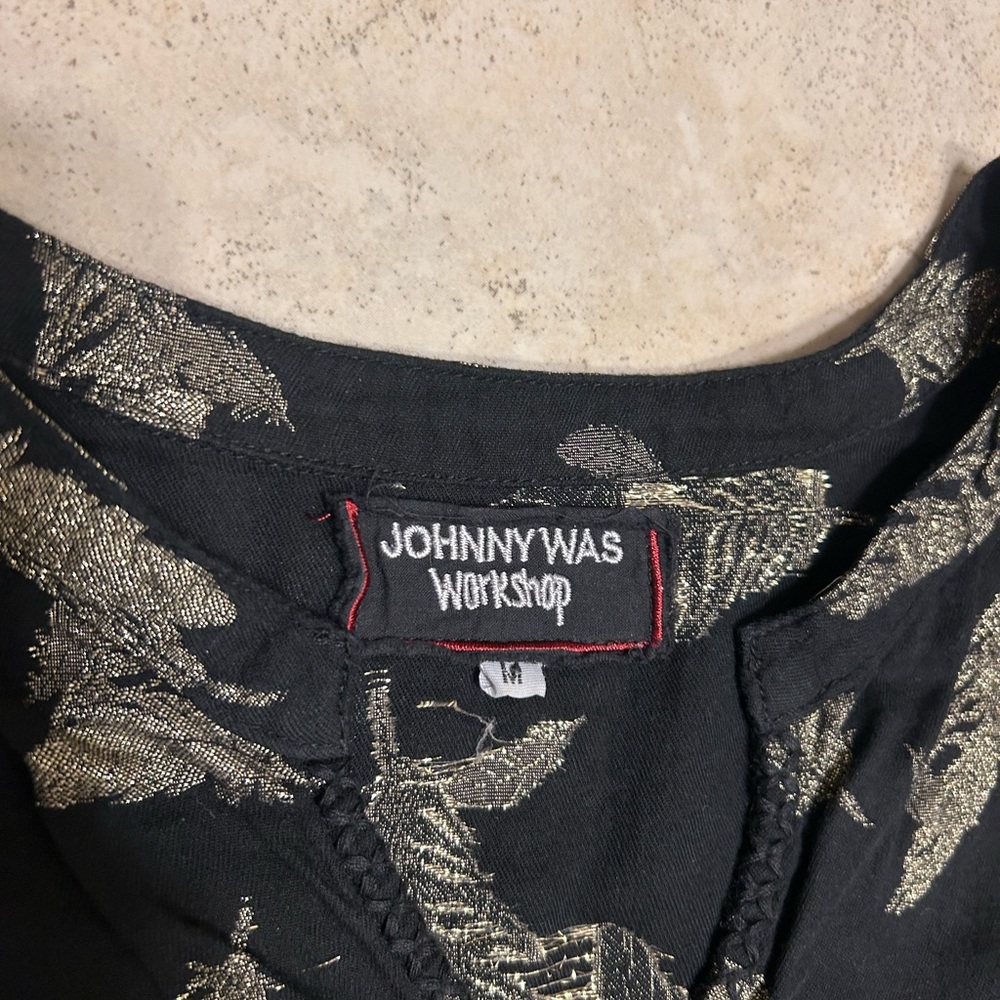 Johnny Was Black Dress with Gold Feather Pattern - Picture 6 of 6